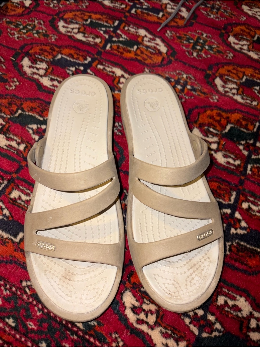 CROCS Women’s Taupe Beige Triple-Strap Slide Sandals